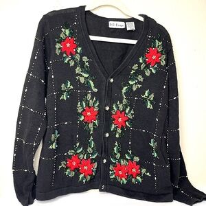 Christmas Them Black Cardigan with Red Floral Accents